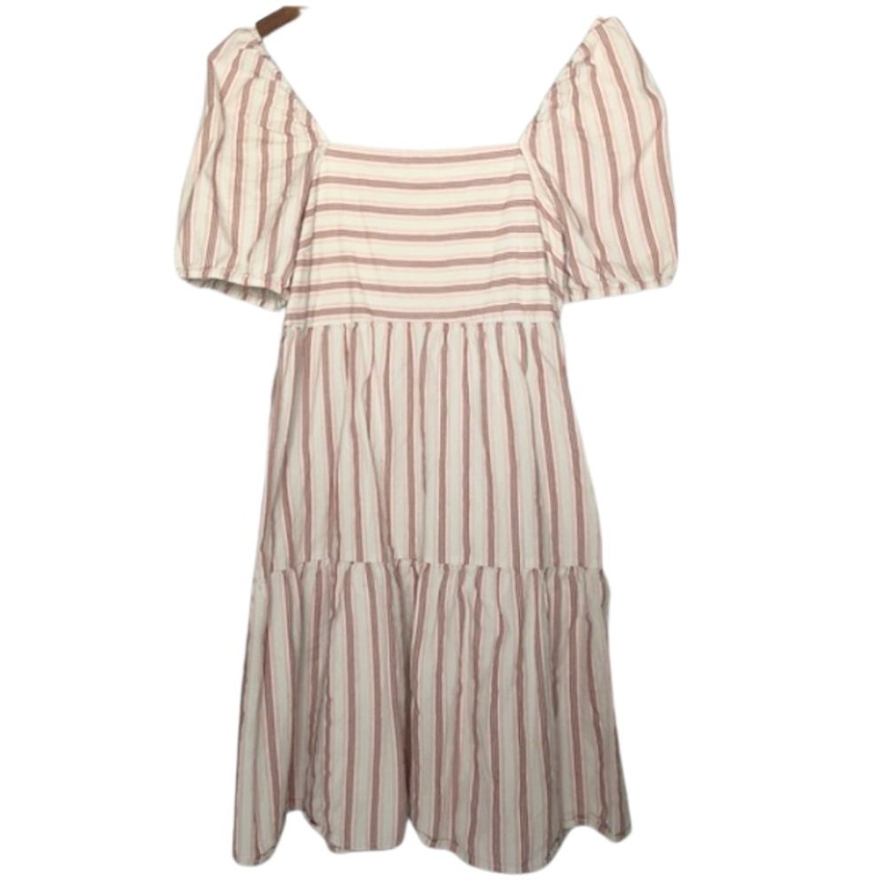 Loft Striped Puff Sleeve Short Sleeve Tiered A-Line Dress - Picture 3 of 6